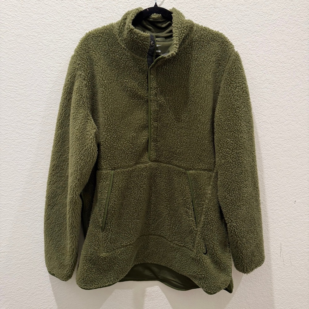 Nike Yoga Loose Fit Sherpa Fleece Pullover Olive Green Half Zip Jacket Medium